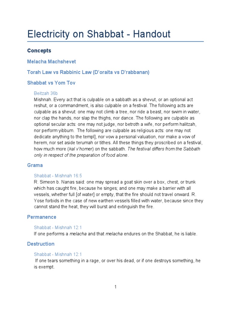 Talmud Class Electricity On Shabbat 2 Handout PDF Shabbat Torah
