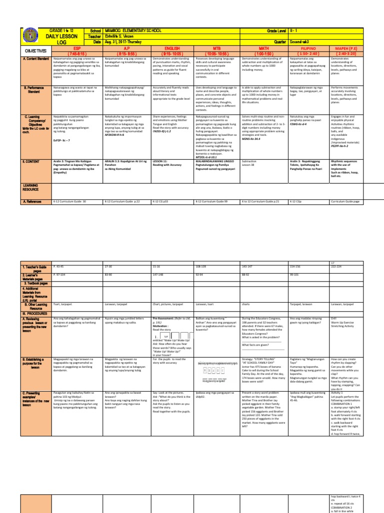 Grade 2 Daily Lesson Plan Overview | PDF | Cognition | Linguistics