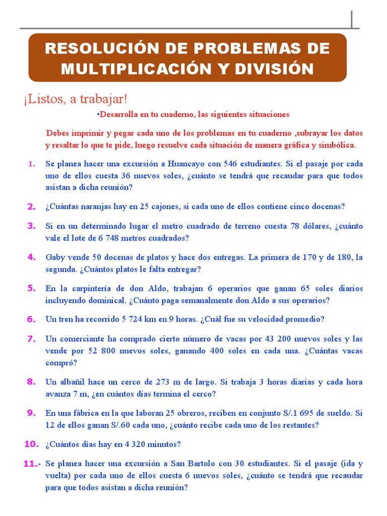 Problemas De Multiplicación Imprimibles De Quinto Grado Cuadernillo