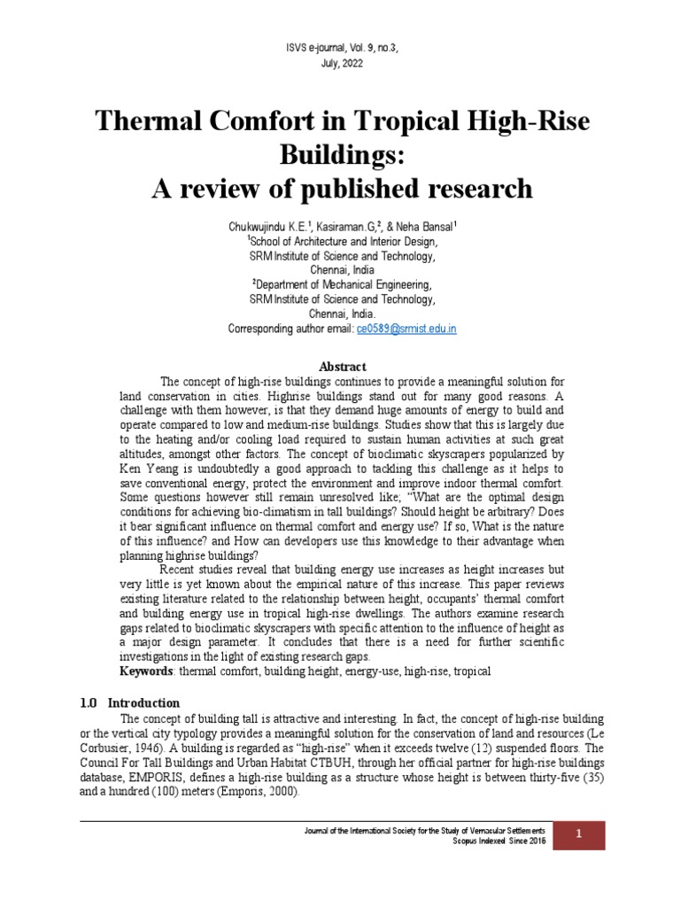 Thermal Comfort in Tropical Highrise Dwellings Review of Published