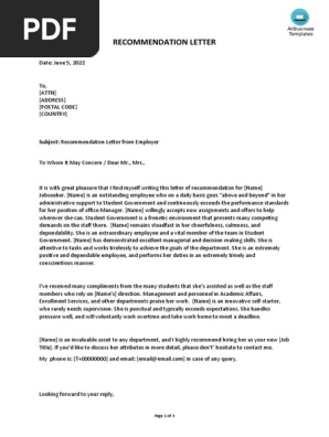 Printable Letter of Recommendation for Graduate School From Employer