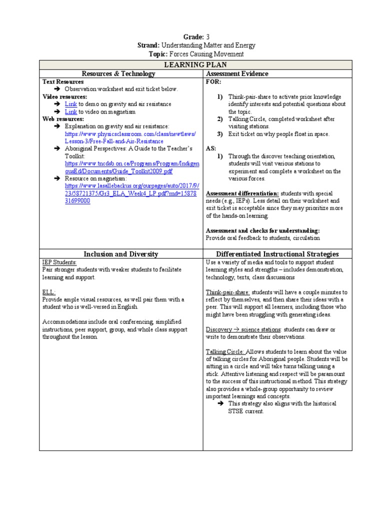 Forces Causing Movement Lesson Plan | PDF | Friction | Force