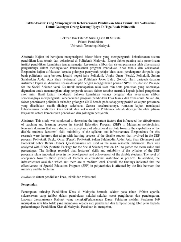Faktor Faktor Yang Mempengaruhi Keberkesanan Pendidikan Khas Teknik Dan Vokasional Untuk Golongan Orang Kurang Upaya Di Tiga Buah Politeknik Pdf