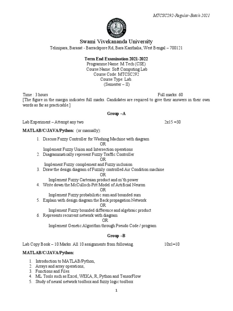 TEE MTCSC292 Soft Computing Lab | PDF | Machine Learning | Fuzzy Logic
