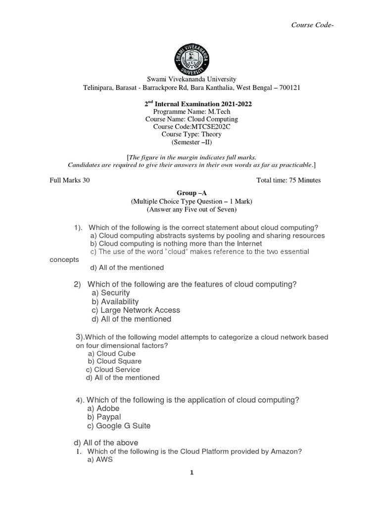 Cloud Computing Question Paper PDF Cloud Computing Computing