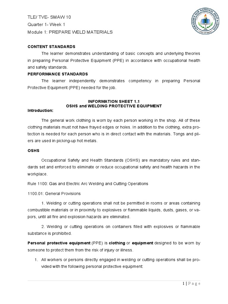 Tle/ TveSmaw 10 Quarter 1 Week 1 Module 1 Prepare Weld Materials