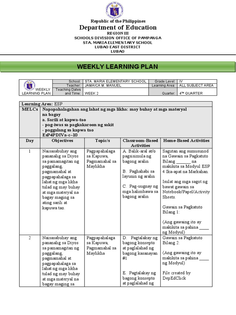 Department of Education: Weekly Learning Plan | PDF