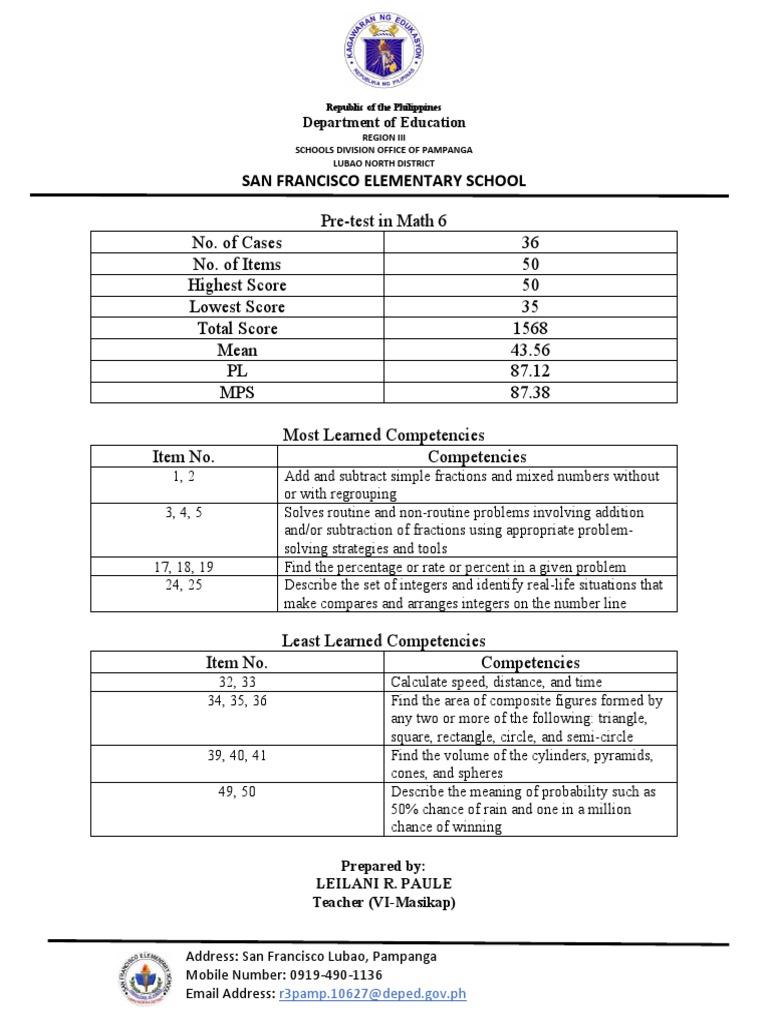 Pre Test Competencies Math 6 | PDF | Area | Geometry