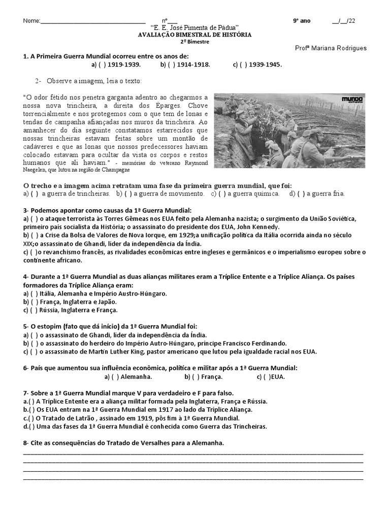 Avaliação de História 9 Ano | PDF | Primeira Guerra Mundial | Aliados ...