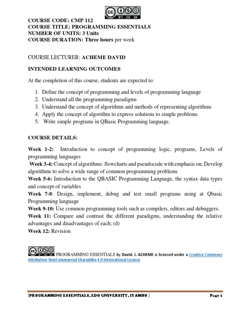 Programming Essentials by David. I. ACHEME Is Licensed Under A | PDF ...