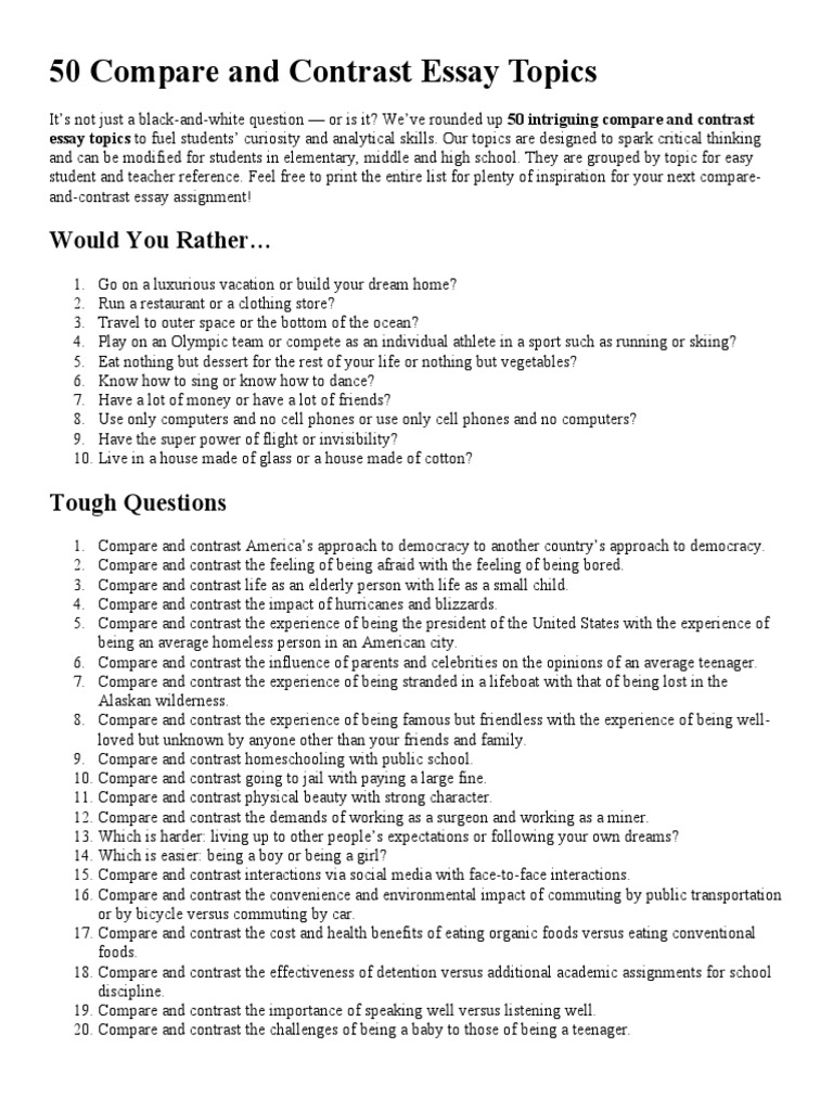 50 Engaging Compare and Contrast Topics | PDF