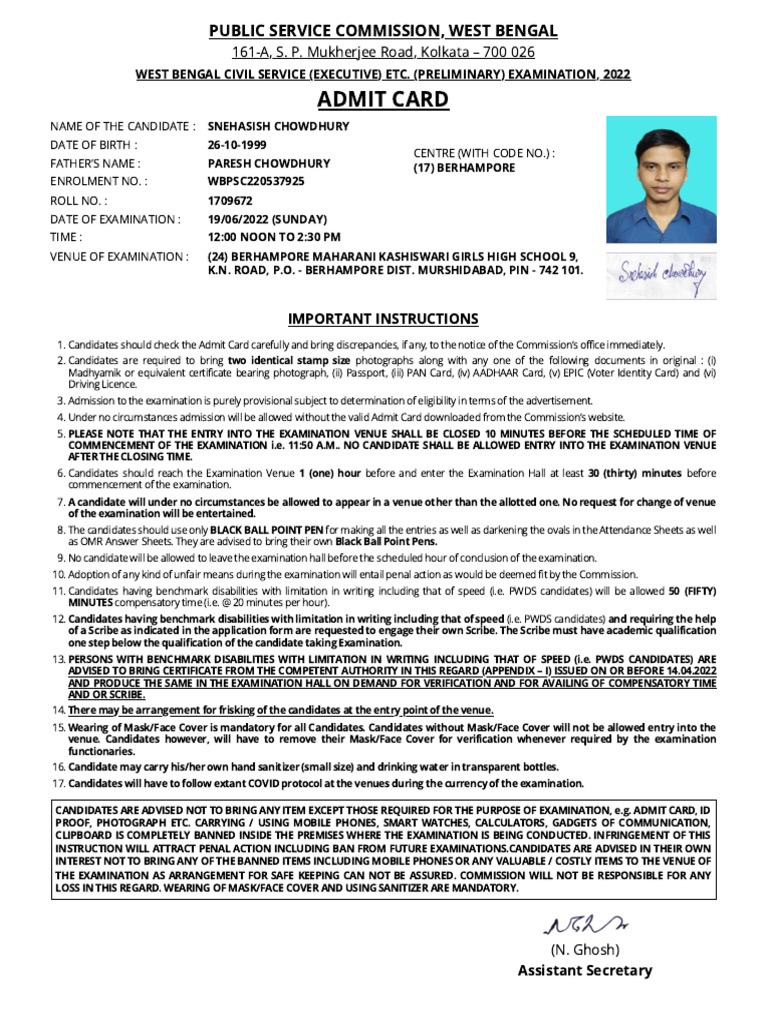 WBPSC WBCS Prelims Admit Card 2022 | PDF | Government