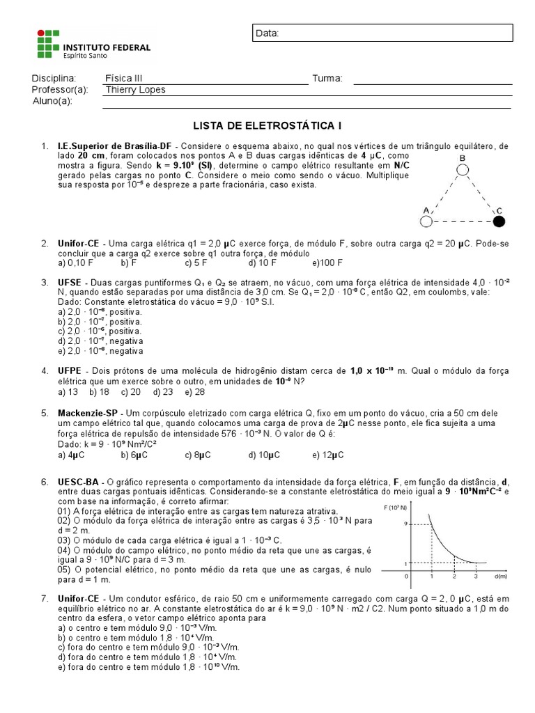 Lista de exercícios sobre eletrostática com soluções para disciplina de ...