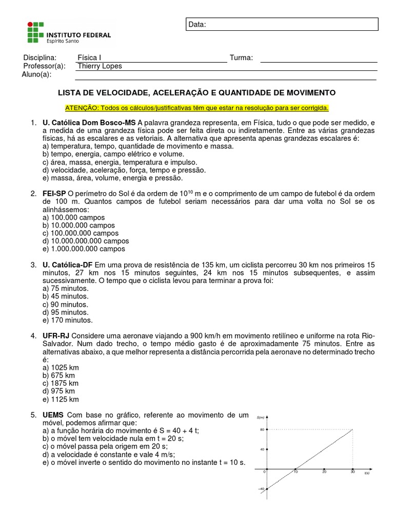 Lista Velocidade - Aceleração e Quantidade de Movimento | PDF ...
