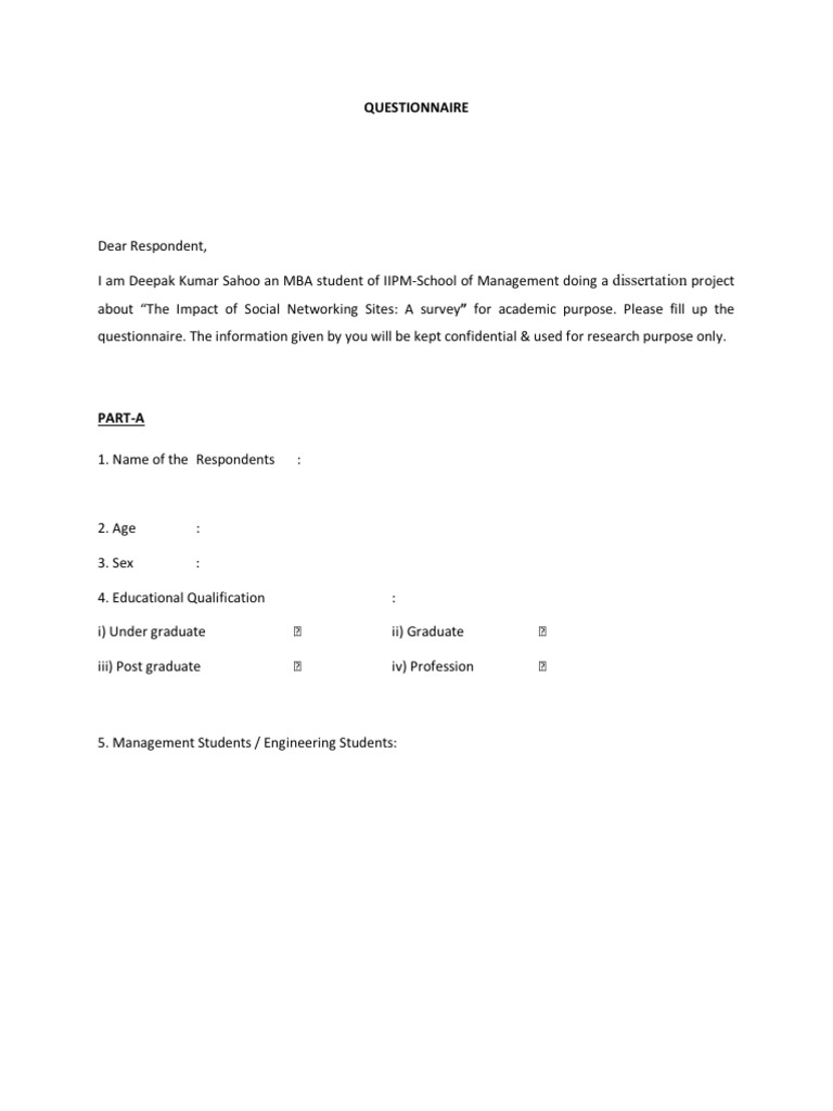 Social Networking Questionnaire Social Network Social Networking