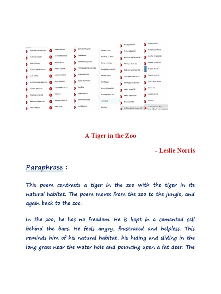 Paraphrase A Tiger in The Zoo Leslie Norris PDF Zoo Wildlife
