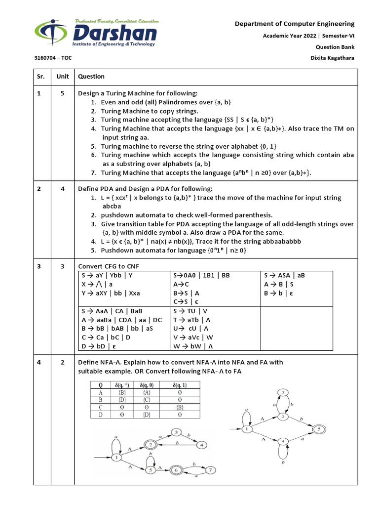 CSE 3160704: TOC Question Bank | PDF | Models Of Computation | Computer ...
