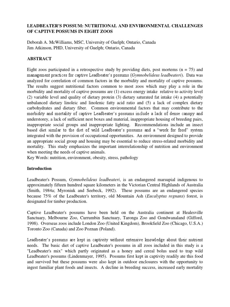 Leadbeater'S Possum Nutritional and Environmental Challenges of Captive Possums in Eight Zoos