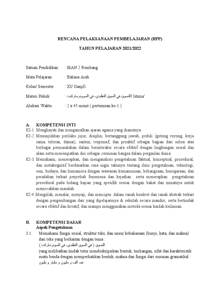 RPP Bahasa Arab Kelas XI Kurikulum 2013 | PDF