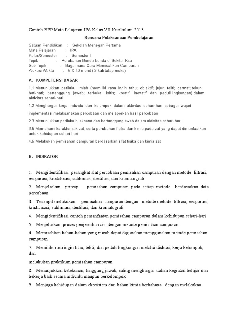 Contoh RPP Mata Pelajaran IPA Kelas VII Kurikulum 2013 | PDF