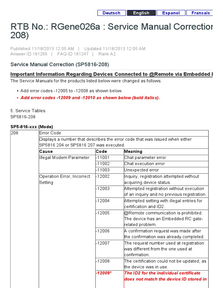 RTB No.: Rgene026A: Service Manual Correction (Sp5816 208) | PDF ...