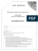 Mathematics: Year 9 (13+) Entrance Examination October 2011 For Entry in September 2012