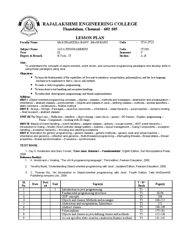 Java Programming Lesson Plan for B.Tech | PDF | Class (Computer ...