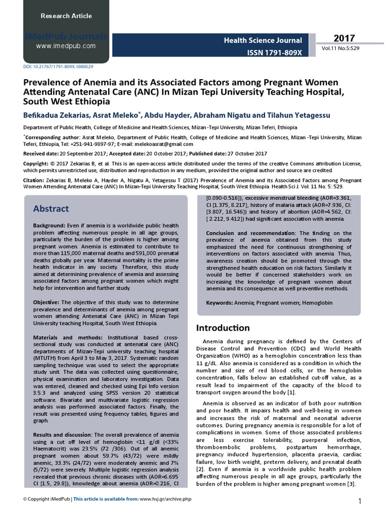 Prevalence of Anemia and Its Associated Factors Among Pregnant Women ...