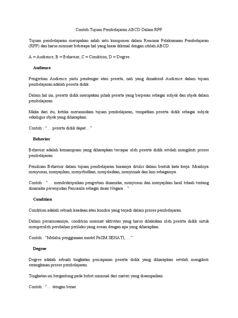 Contoh Tujuan Pembelajaran ABCD Dalam RPP | PDF | Karier & Perkembangan ...