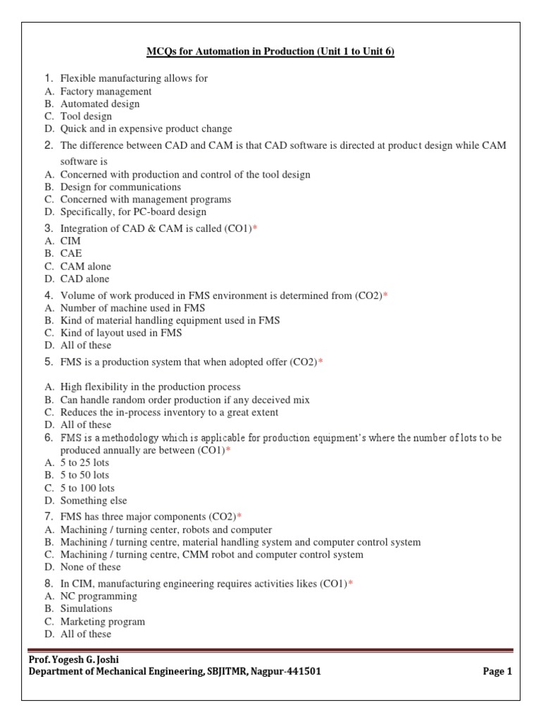 MCQs For Automation in Production PDF Automation Computer Aided