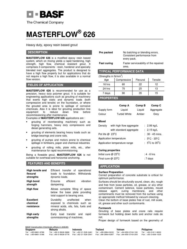 Masterflow 626: Heavy Duty, Epoxy Resin Based Grout | PDF | Epoxy ...