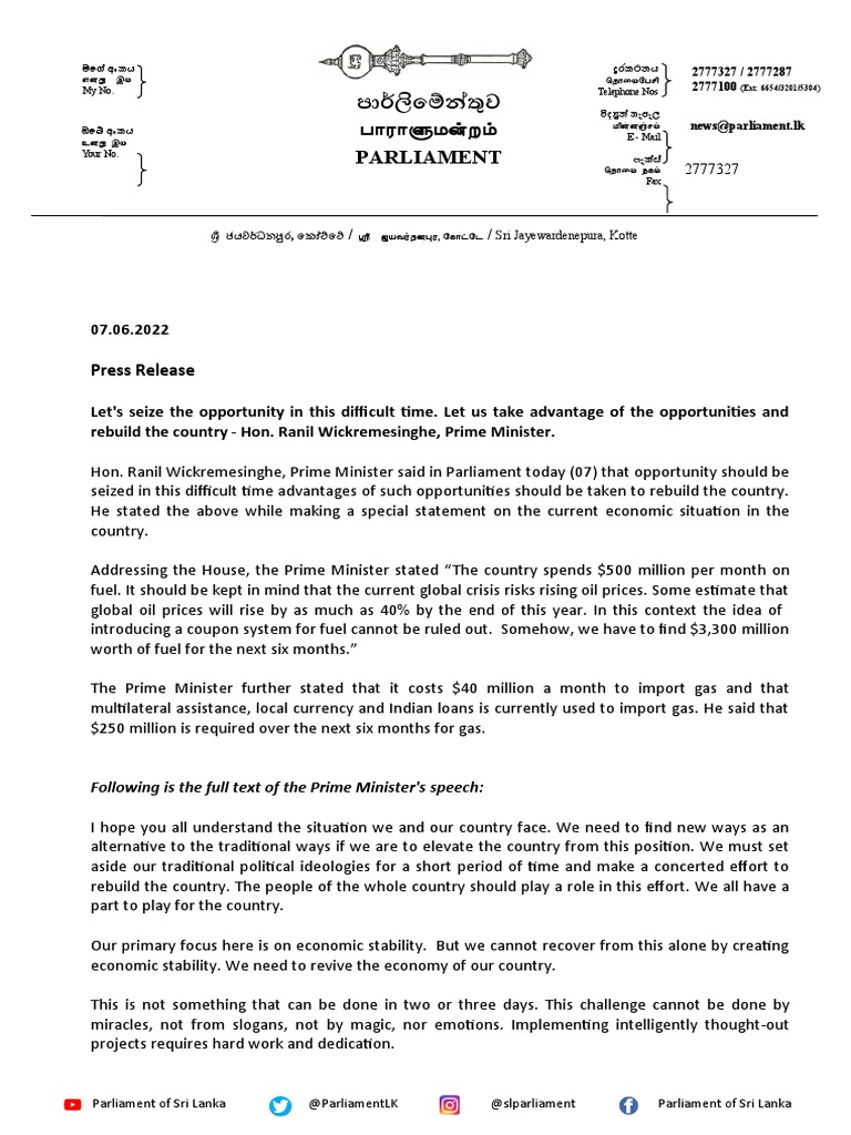 PM's Statement in Parliament 2022-06-07 | PDF | Loans | Rice