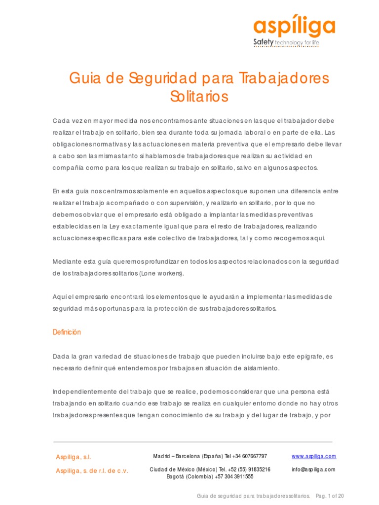 Seguridad para Trabajadores Solitarios | PDF | Primeros auxilios ...