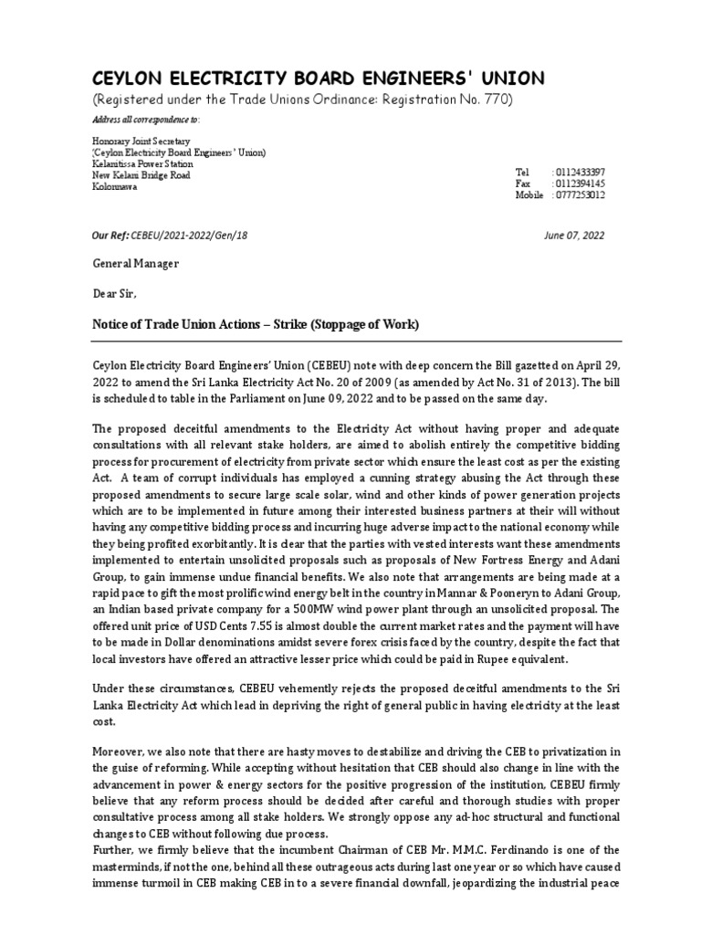 CEBEU Strike Notice Against Amendments | PDF