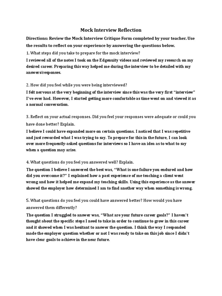 Mock Interview Reflection | Download Free PDF | Question | Interview
