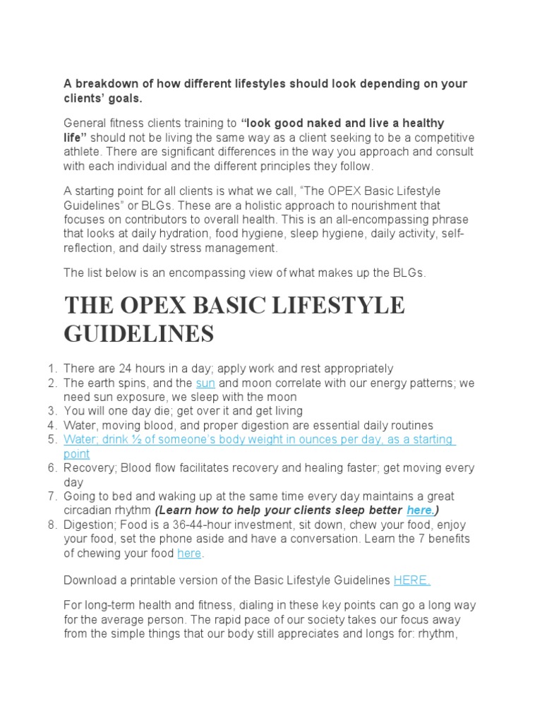The Opex Basic Lifestyle Guidelines PDF Physical Fitness Sleep