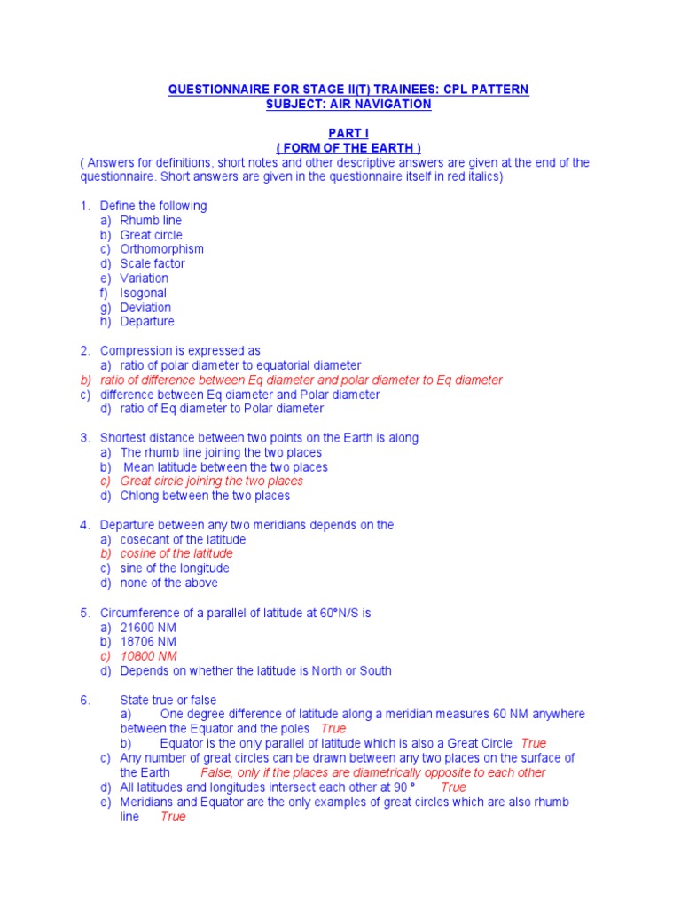 Air Navigation Questionnaire CPL Pattern PDF Latitude Equator
