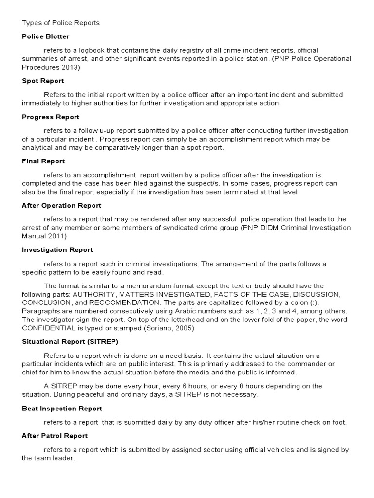 Types of Police Reports PDF Police Arrest