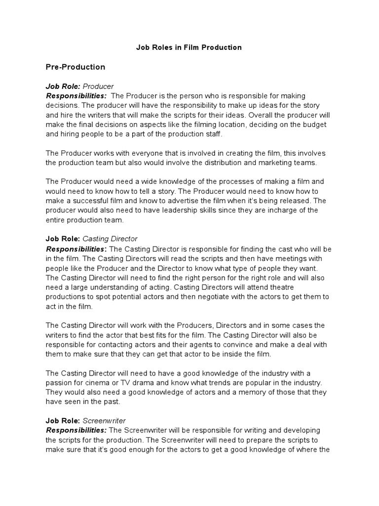 Job Roles in Film Production | PDF | Film Director | Screenwriting