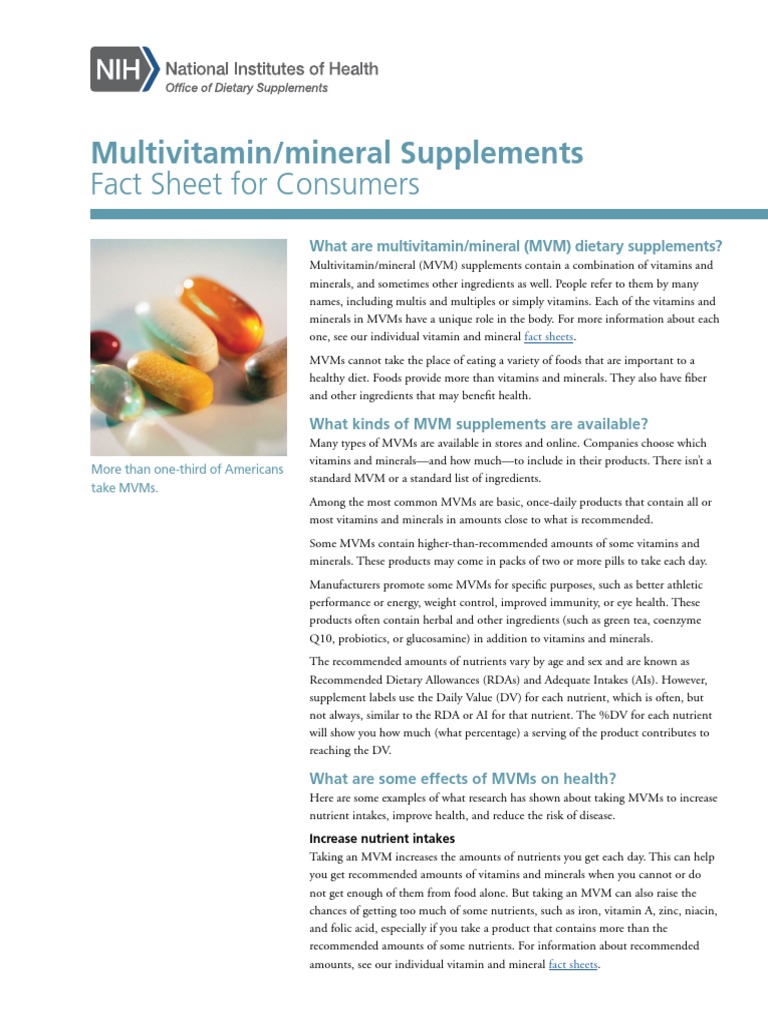 Multivitamin/mineral Supplements Fact Sheet For Consumers PDF