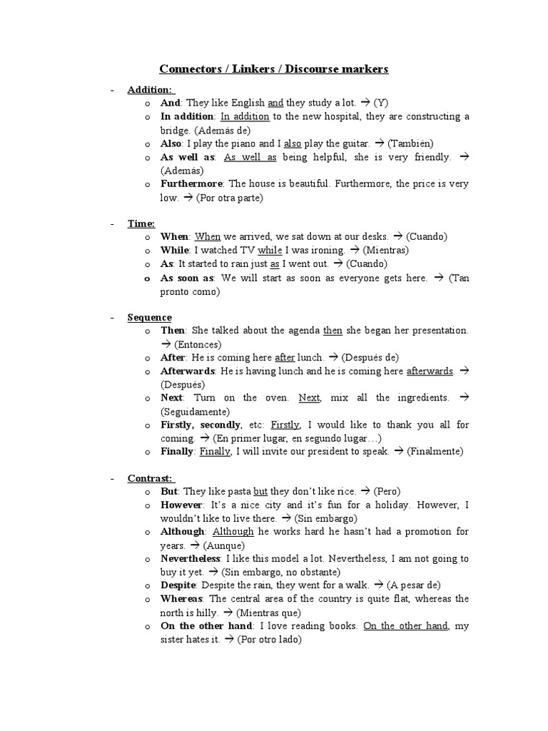 Connectors / Linkers / Discourse Markers: - Addition | PDF