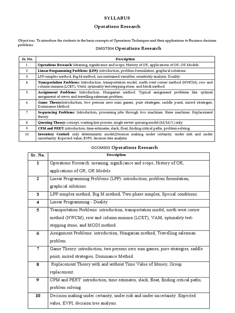 Operations Research Syllabus Overview | PDF | Conceptual Model ...