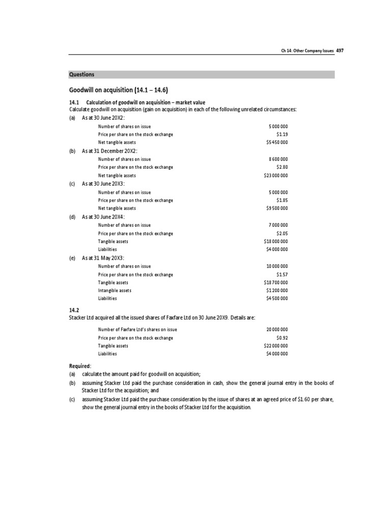 Goodwill On Acquisition 14 1 14 6 Questions Pdf Goodwill
