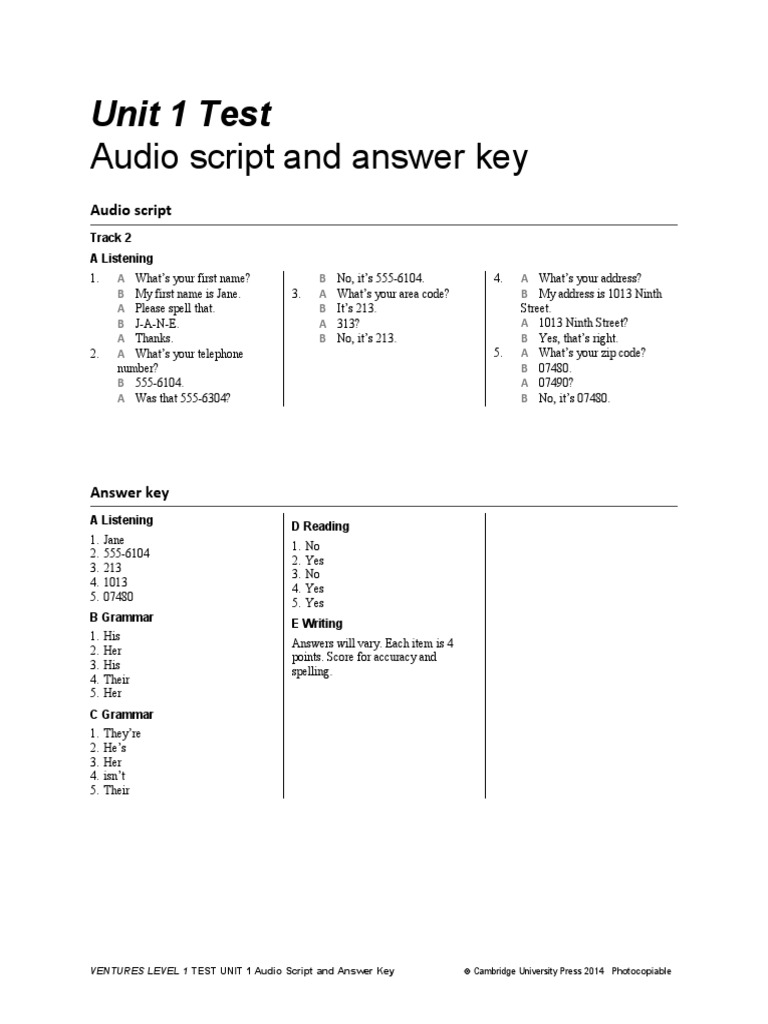 Unit 1 Test Audio Script & Answers | PDF