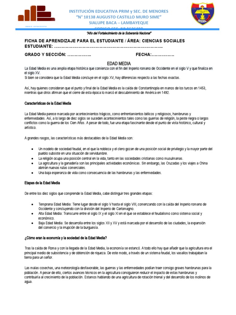 Ficha de Aprendizaje 2 Ccss-Edad Media | PDF | Edades medias | Feudalismo