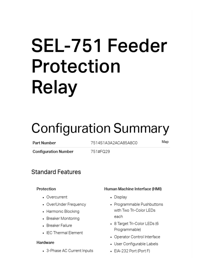 SEL751 Feeder Protection Relay Configuration Summary Schweitzer