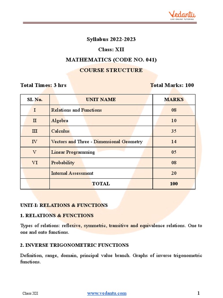 CBSE Class 12 Maths Syllabus | PDF | Matrix (Mathematics) | Vector Space