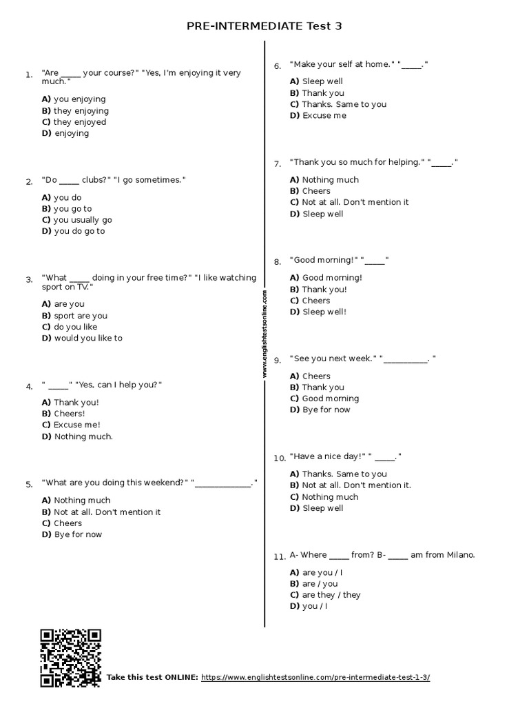 1186 Pre Intermediate Test 3 Englishtestsonline - Com 2 | PDF | Mass ...