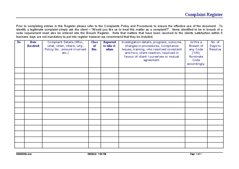Complaint Register Guidelines and Usage | PDF