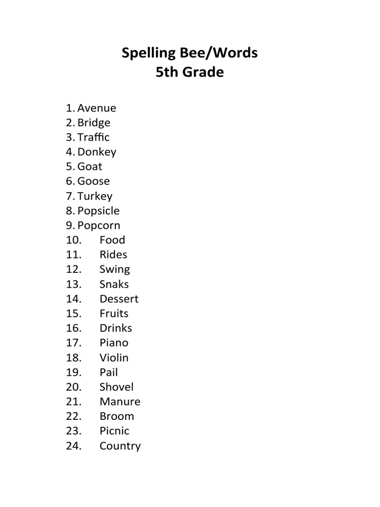 Spelling Bee 5th Grade Words PDF